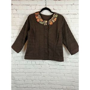 CHICO'S brown cotton gathered beaded neckline jacket top shirt collarless 1 8 M